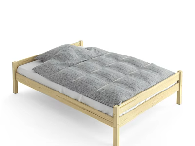 Simple Solid Wood Children's Bed With White Mattress And Grey Quilt 3d model