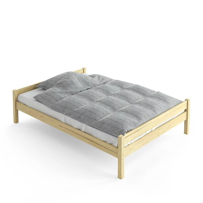 Simple Solid Wood Children's Bed With White Mattress And Grey Quilt 3d model