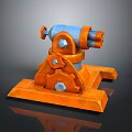 Mechanical Device With Orange Base Blue Upper Structure And Metallic Bolts On Reflective Surface