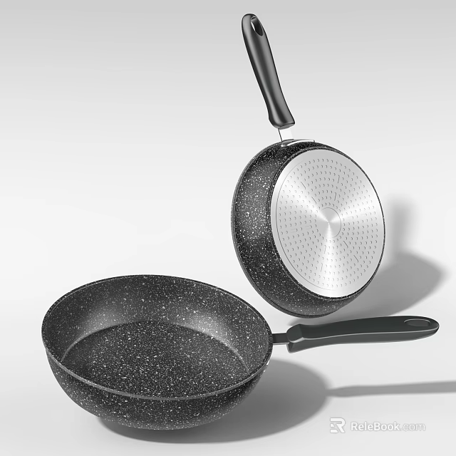 Non Stick Frying Pans With Speckled Texture And Black Handles 3d model 