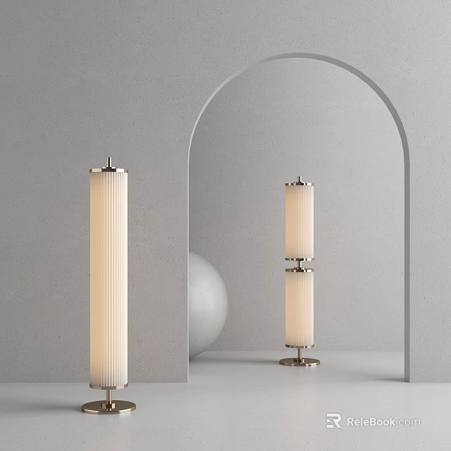 Floor Lamp With Cylindrical Striped Lampshade Metal Stand In Gray Wall Arched Doorway White Sphere 3d model 