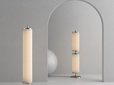 Floor Lamp With Cylindrical Striped Lampshade Metal Stand In Gray Wall Arched Doorway White Sphere 3d model