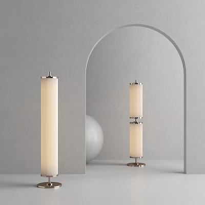 Floor Lamp With Cylindrical Striped Lampshade Metal Stand In Gray Wall Arched Doorway White Sphere 3d model