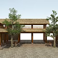 Traditional Thatched House With Wooden Veranda Trees And Stone Paved Courtyard