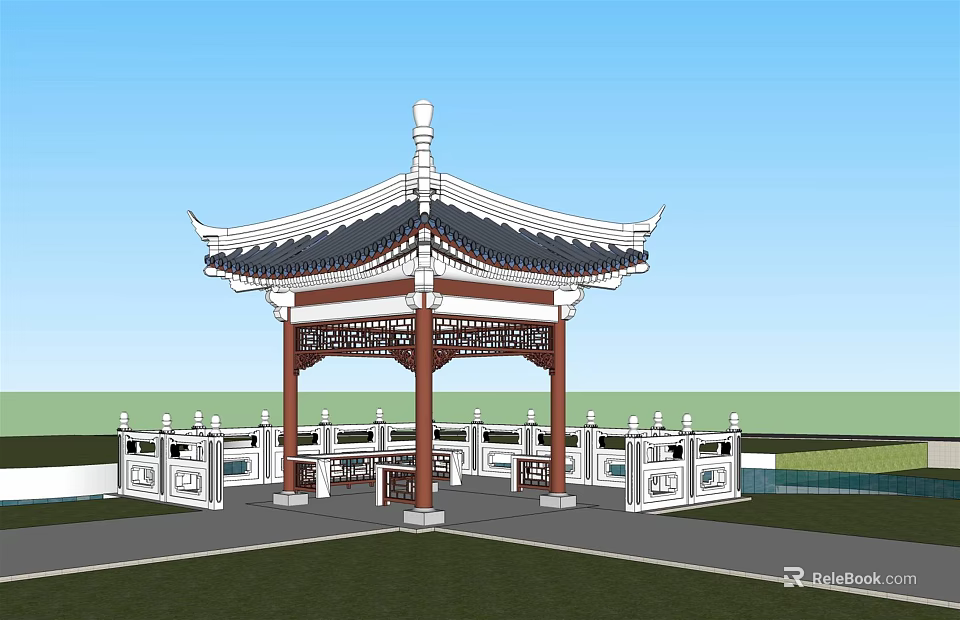 Chinese Classical Pavilion Featuring Traditional Curved Roof Wooden Pillars And Carved Railings 3d model 