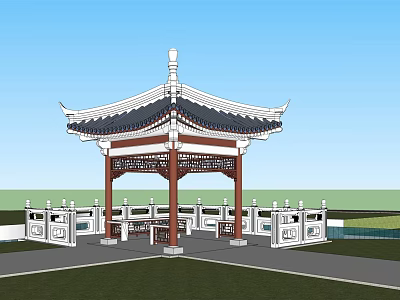Chinese Classical Pavilion Featuring Traditional Curved Roof Wooden Pillars And Carved Railings 3d model