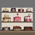 Various Decorated Cakes on Wooden Shelves with Fruit Chocolate and Cream Toppings