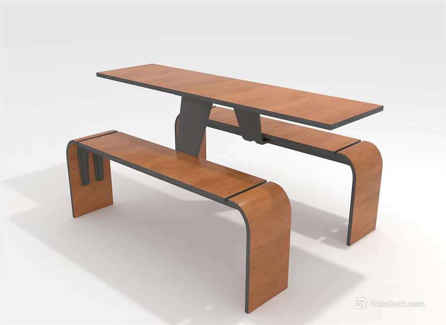 Modern Wooden Dining Table Set With Curved Benches Brown Tabletop And Black Metal Legs 3d model 
