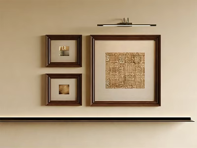 Abstract Painting in Brown Frame with Two Smaller Brown Frames and Wall Lamp on Beige Wall 3d model