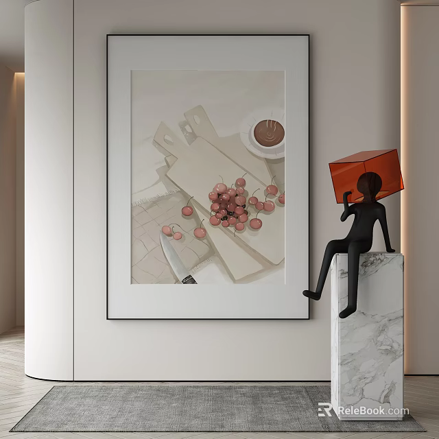 Artistic Interior With Hanging Painting Black Figurine Orange Cube Head And Marble Surface 3d model 