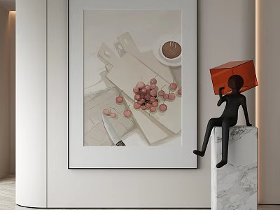 Artistic Interior With Hanging Painting Black Figurine Orange Cube Head And Marble Surface 3d model