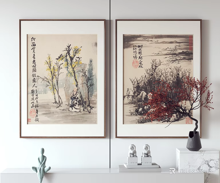 Traditional Chinese Ink Paintings With Calligraphy And Decorative Ornaments On White Cabinet 3d model 