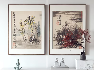 Traditional Chinese Ink Paintings With Calligraphy And Decorative Ornaments On White Cabinet 3d model
