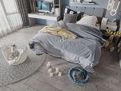 Cozy Kids Bed In Bedroom With Gray Bedding Desk Nightstand Toys And Rug 3d model