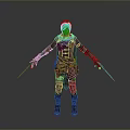 3D Fantasy Warrior Character With Wolf Companion Wearing Brown Black Armor Holding Dual Swords