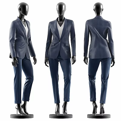 Model in Navy Blue Fitted Suit Set Front Side and Back View 3d model