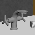 Modern Chrome Faucet on White Countertop with Marble Cube Against Dark Gray and Yellow Wall