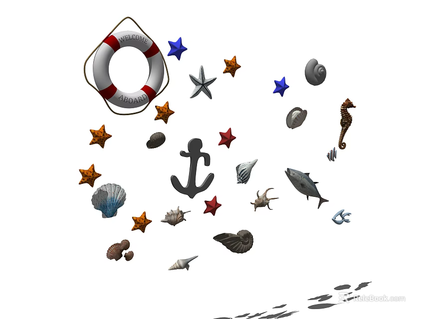 Marine Themed Wall Decor Featuring Lifebuoy Starfish Shells And Anchor Elements 3d model