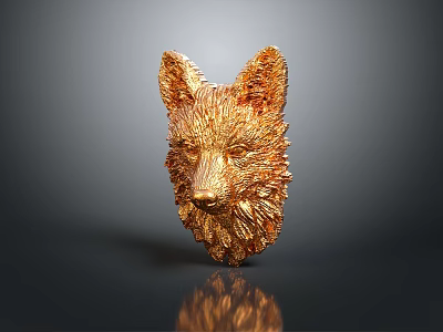 Golden Wolf Head Sculpture With Detailed Feathered Texture On Dark Background 3d model