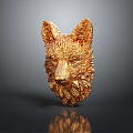 Golden Wolf Head Sculpture With Detailed Feathered Texture On Dark Background
