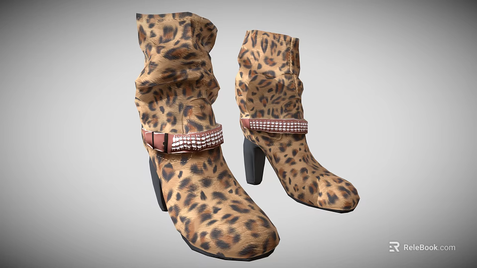 Leopard Print Mid Calf Boots With Block Heel And Checkered Strap Buckle 3d model 