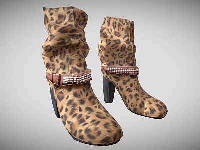 Leopard Print Mid Calf Boots With Block Heel And Checkered Strap Buckle 3d model