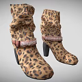 Leopard Print Mid Calf Boots With Block Heel And Checkered Strap Buckle 3d model