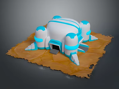 Sci-Fi Scene Featuring Domed White And Blue Structure With Support Pillars On Desert Terrain 3d model