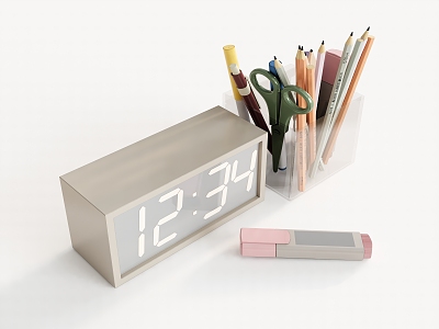 stationery pencil alarm clock marker pen 3d model