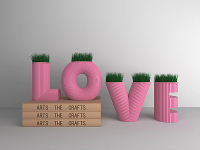 Pink LOVE Letter Shaped Potted Plants With Green Grass And Stacked Arts Crafts Books 3d model