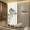 Modern Tea Room Interior With Wooden Panel Stone Wall And Natural Decor Elements 3d model
