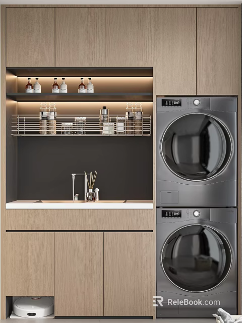 Modern Laundry Room With Stacked Washer Dryer Wooden Cabinets And Shelves 3d model 