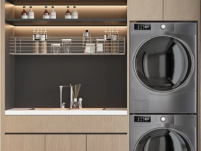 Modern Laundry Room With Stacked Washer Dryer Wooden Cabinets And Shelves 3d model