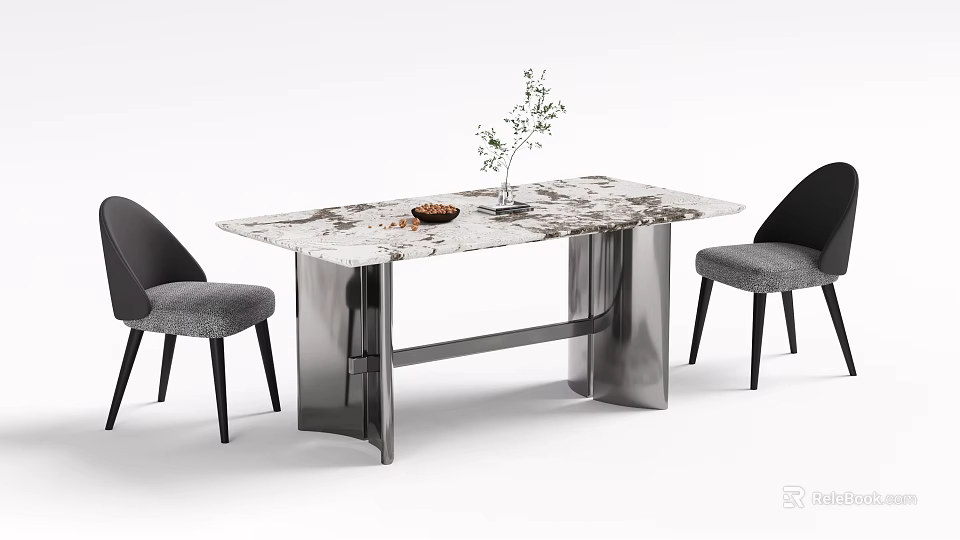Modern Marble Top Dining Table Set With Metal Legs And Gray Chairs 3d model