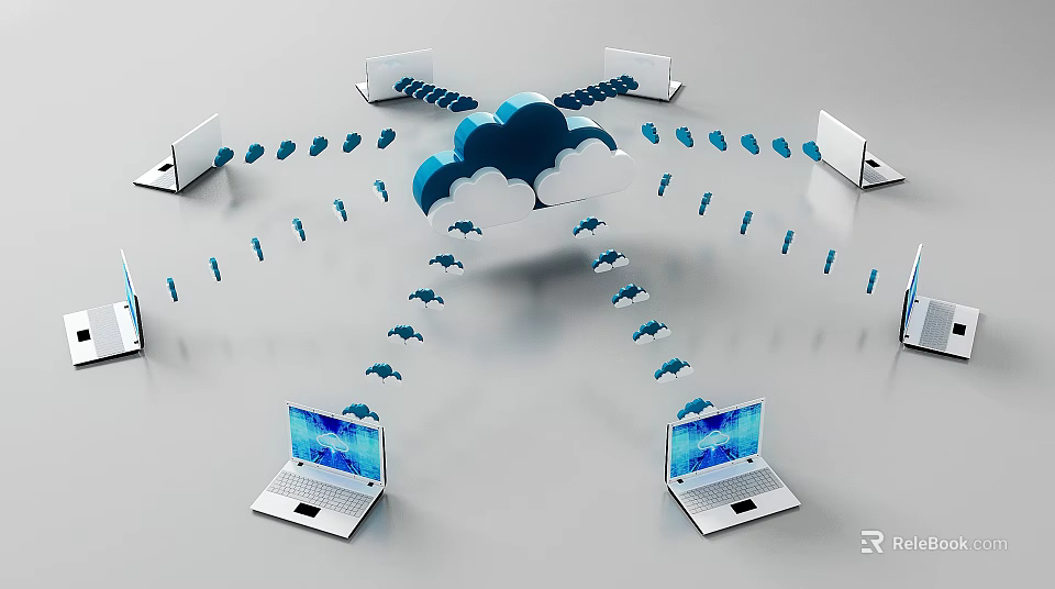 Multiple Business Laptops Interconnected Through Cloud Network With Arrows 3d model 