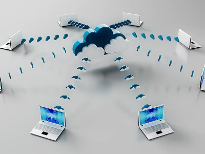 Multiple Business Laptops Interconnected Through Cloud Network With Arrows 3d model