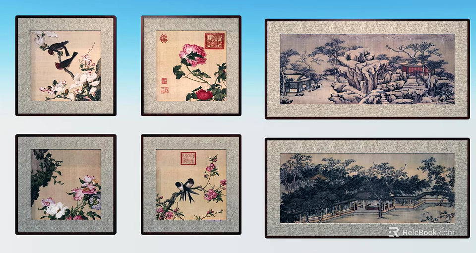 Traditional Chinese Landscape Paintings With Floral Bird Scenes Mountain Rocks And Seal Stamps 3d model 
