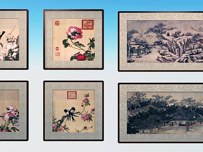 Traditional Chinese Landscape Paintings With Floral Bird Scenes Mountain Rocks And Seal Stamps 3d model