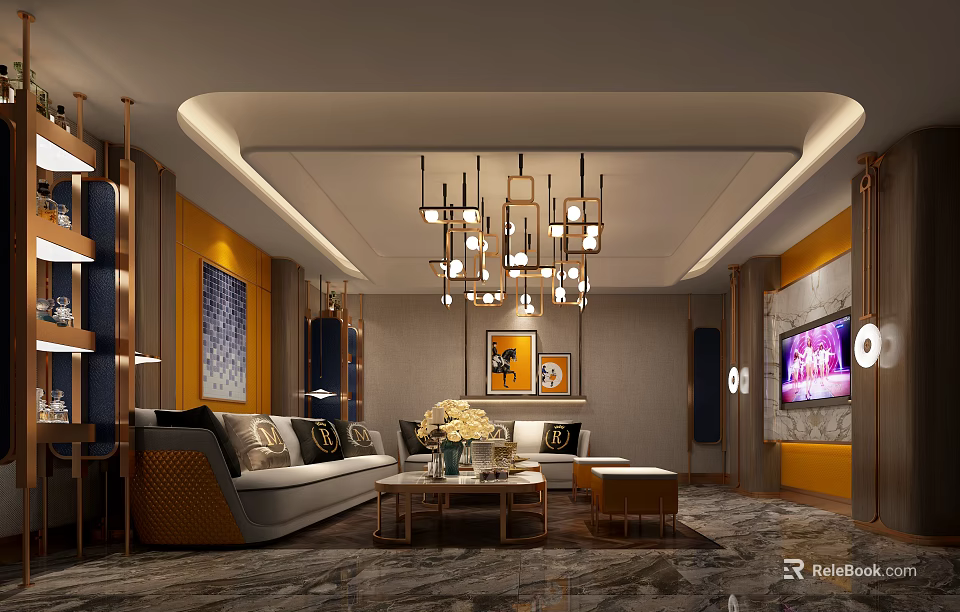 Luxurious KTV Lounge Interior With Comfortable Sofas Chandeliers TV Screen Artwork And Marble Floor 3d model 