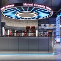 Modern Marvel Cinematic Universe Showroom With Avengers Figures And Display Shelves Blue Lighting