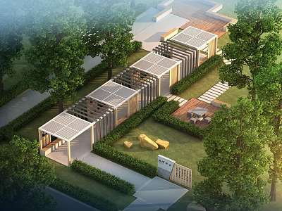 Modern Pergola Design with Wooden Structure Greenery Lawn and Seating Area in Natural Surroundings 3d model