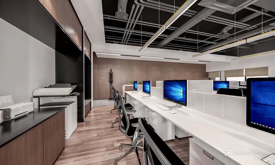 Modern Public Office Interior with White Workstations Computers Ergonomic Chairs Wooden Flooring and Exposed Ceiling 3d model 