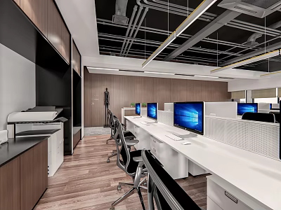 Modern Public Office Interior with White Workstations Computers Ergonomic Chairs Wooden Flooring and Exposed Ceiling 3d model
