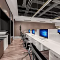 Modern Public Office Interior with White Workstations Computers Ergonomic Chairs Wooden Flooring and Exposed Ceiling