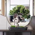 Elegant Console Table Interior With Clover Shaped Mirror And Potted Pine Tree 3d model