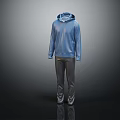 Blue Hooded Jacket Paired with Gray Pants Modern Casual Outfit