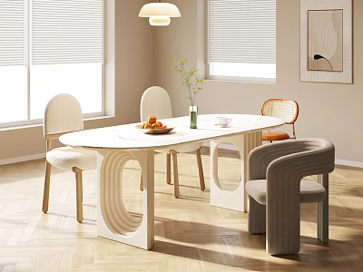 Modern Dining Table Set With Stylish Legs Chairs Green Plant And Fruit In Natural Light 3d model