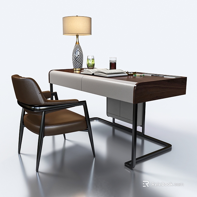 Modern Wooden Desk With Brown Leather Chair Lamp Glasses Notebook And Pen 3d model 