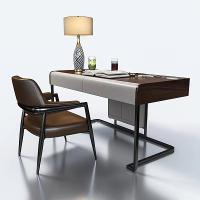 Modern Wooden Desk With Brown Leather Chair Lamp Glasses Notebook And Pen 3d model