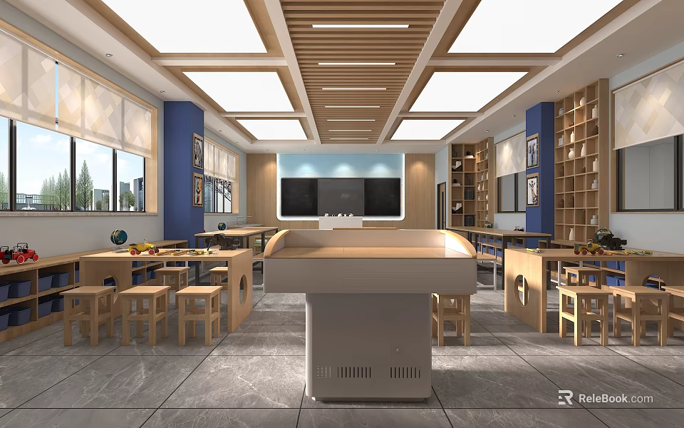 School Classroom Interior With Wooden Tables Stools Blue Walls Bookshelves And Lectern 3d model 